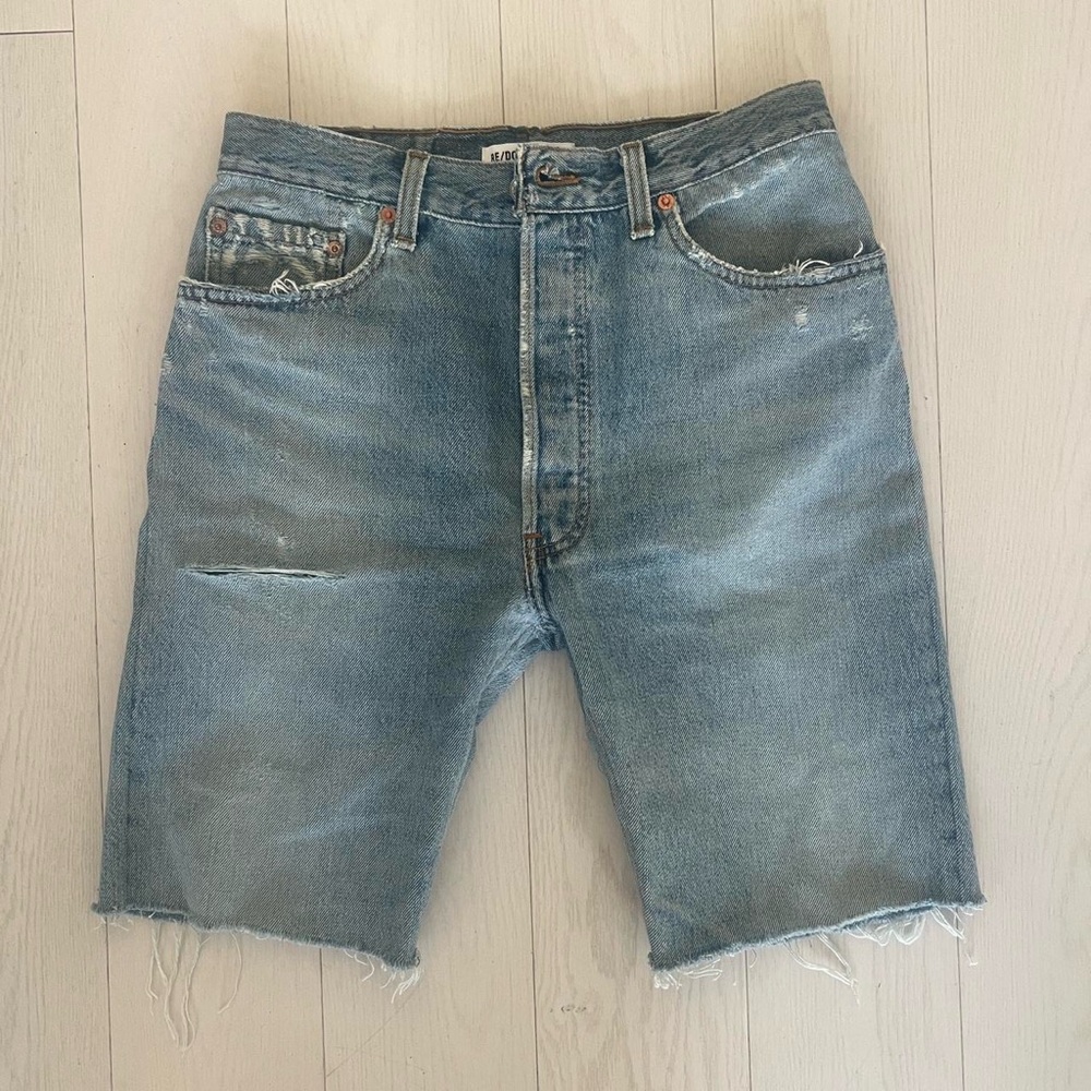 Re/Done Blue Jean Shorts with Raw Hem and Distressed Look